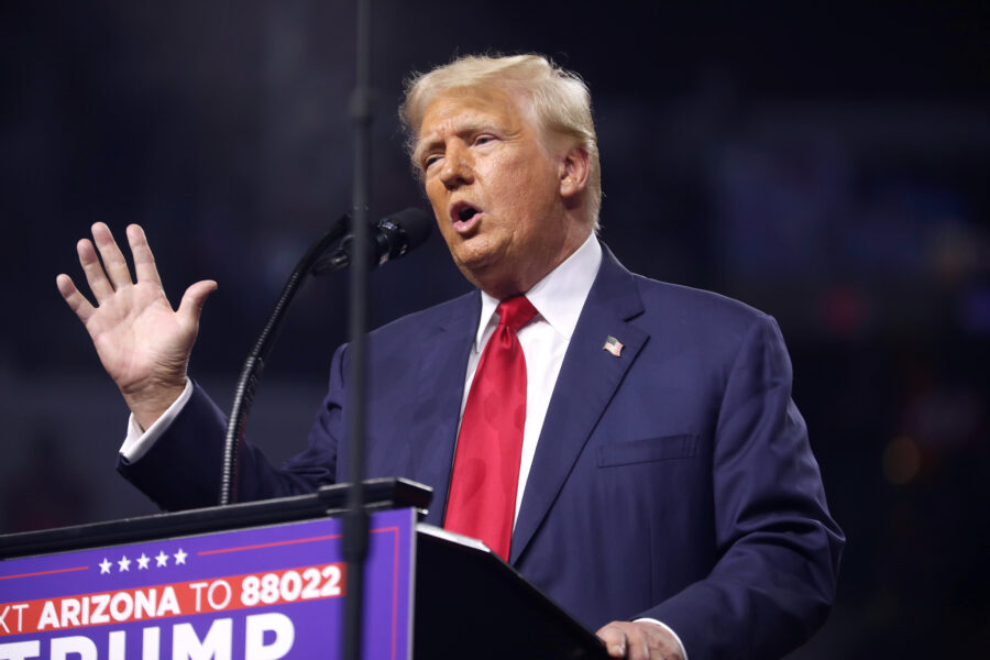 Former President of the United States Donald Trump speaking with attendees at an Arizona for Trump rally at Desert Diamond Arena in Glendale, Arizona. Photo Credit: Gage Skidmore